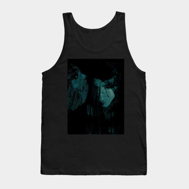 Portrait, collage, special processing. Man, dark costume, long hair, looking down. On left demon of gold. Aquamarine, like drawn. Tank Top by 234TeeUser234